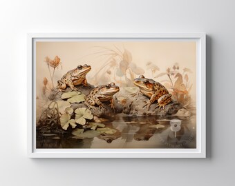 Frogs by a Pond Digital Painting, Enchanting Muted Colours, Vintage Style Nature Wall Art, Instant Download Decor