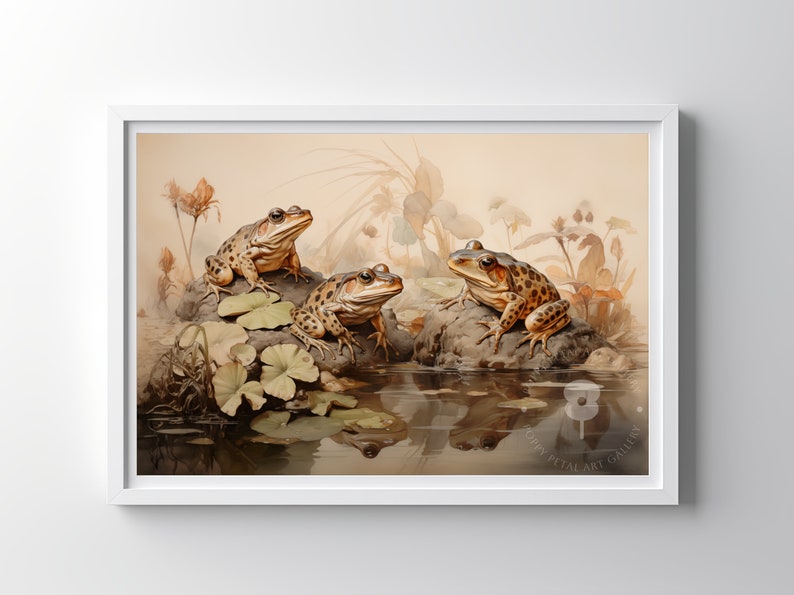 Frogs by a Pond Digital Painting, Enchanting Muted Colours, Vintage Style Nature Wall Art, Instant Download Decor image 1
