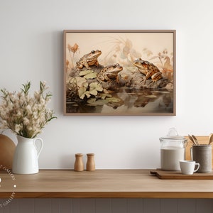 Frogs by a Pond Digital Painting, Enchanting Muted Colours, Vintage Style Nature Wall Art, Instant Download Decor image 2