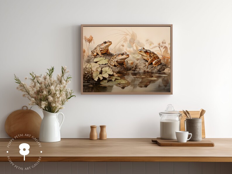 Frogs by a Pond Digital Painting, Enchanting Muted Colours, Vintage Style Nature Wall Art, Instant Download Decor image 2