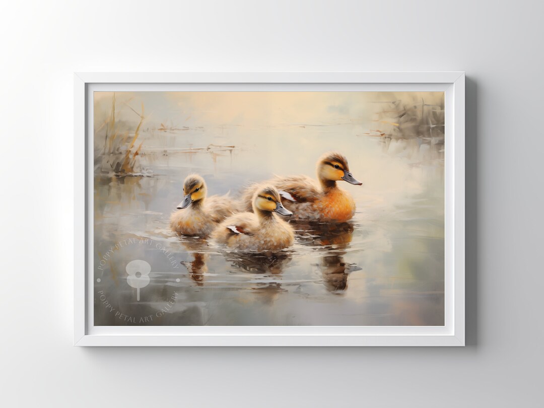 Cute Duck Pond Digital Painting, Enchanting Ducklings Muted Colours ...