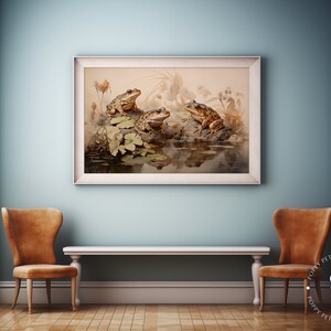 Frogs by a Pond Digital Painting, Enchanting Muted Colours, Vintage Style Nature Wall Art, Instant Download Decor image 6