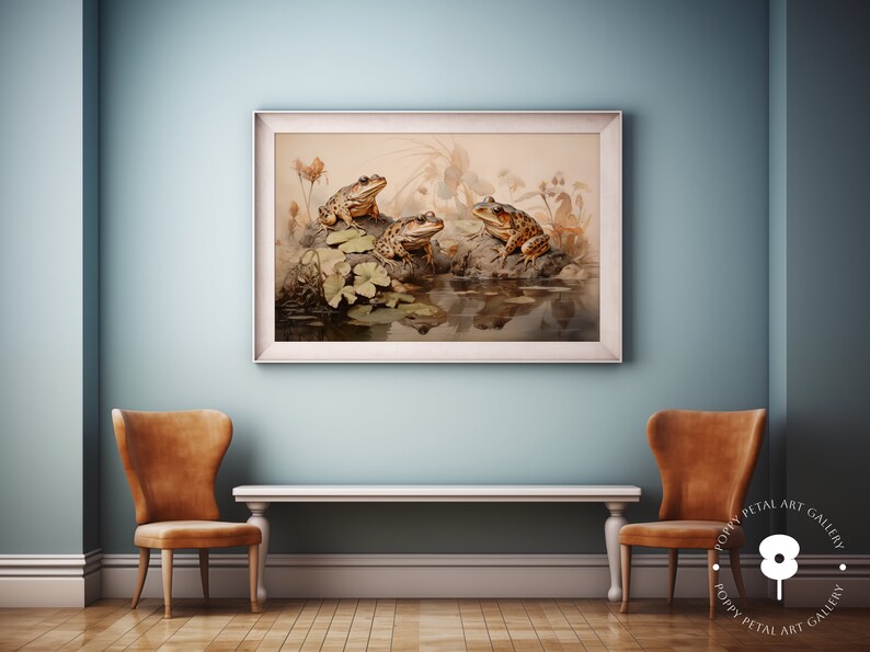 Frogs by a Pond Digital Painting, Enchanting Muted Colours, Vintage Style Nature Wall Art, Instant Download Decor image 6