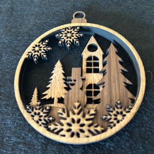 Ornament, 3D Layered Snow Man and Holiday Scene, Laser cut- Natural Wood /Christmas gift / tree /handmade / decoration