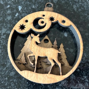 3D Layered Wood Ornament: Deer and Christmas Tree Scene