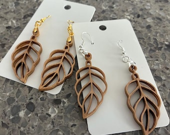 Laser Cut Wood Earrings - Leaf Detail