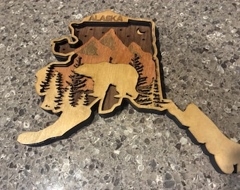 Alaska State Profile Wood Art – 3D Layered Alaska Scene