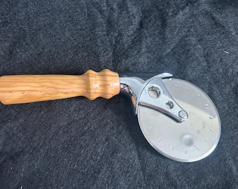 Hand Turned Olive Wood Pizza Cutter - Chrome Plated Steel
