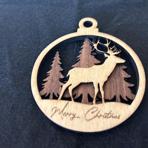 Ornament, 2 Layer “Merry Christmas”  with Tree and Deer, Laser cut- Natural Wood /Christmas gift / tree /handmade / decoration