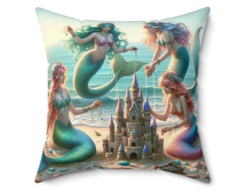 Mermaid Sandcastle Fantasy Square Pillow