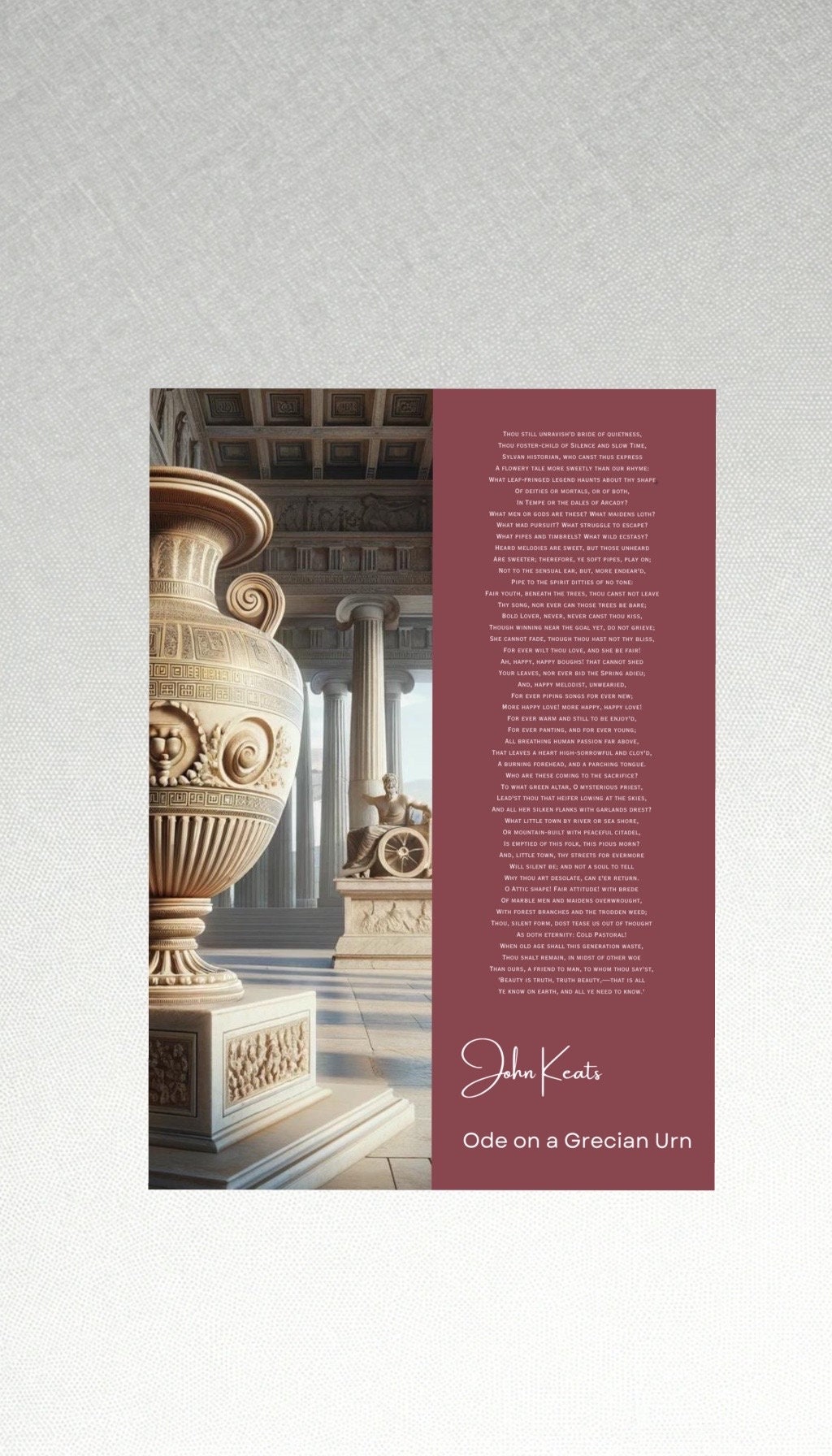 John Keats ode on a Grecian Urn Poem Print Full Verse Classical Poster, Romantic Era Poetry Art