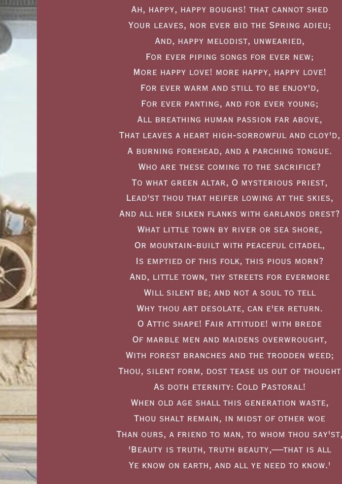 John Keats ode on a Grecian Urn Poem Print Full Verse Classical Poster, Romantic Era Poetry Art