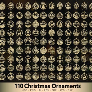 Può includere: Una collezione di 110 ornamenti natalizi tagliati al laser, con vari disegni tra cui alberi e fiocchi di neve. Gli ornamenti circolari presentano intricati motivi traforati. Il testo "110 Christmas Ornaments" è visualizzato in basso.