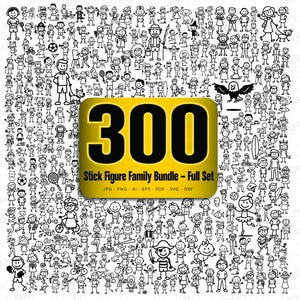 Op de afbeelding: Een verzameling van 300 illustraties van stokfiguurfamilies in zwart en wit. De afbeelding bevat een geel en zwart vierkant met het nummer "300" en de tekst "Stick Figure Family Bundle - Full Set".