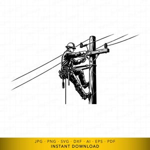 Könnte beinhalten: Schwarz-Weiß-Illustration eines Elektrikers, der an einem Strommast arbeitet. Der Elektriker trägt einen Helm, Arbeitsstiefel und einen Werkzeuggürtel. Das Bild enthält Stromleitungen und den Text "JPG PNG SVG DXF AI EPS PDF INSTANT DOWNLOAD".