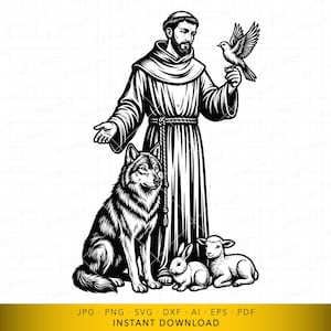 May include: Monochrome illustration of a robed figure with a dove, wolf, rabbit, and lamb. The figure has a beard and is wearing a robe with a rope belt. The animals are at the figure's feet.
