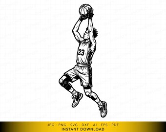 Arquivo SVG de jogador de basquete arremessando, silhueta de atleta em salto, vetor, arquivo de corte esportivo para Cricut e gravação a laser.