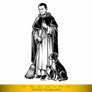 Puede incluir: Ilustración en blanco y negro de un hombre con hábito religioso sosteniendo un rosario y una escoba. Un perro, un gato y un ratón están a sus pies. La imagen tiene un estilo gráfico simple.