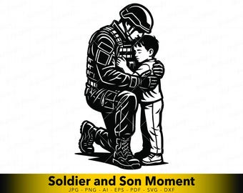 Ilustração vetorial de pai e filho militar em formato SVG, soldado abraçando criança, despedida de missão.
