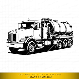 Puede incluir: Ilustración en blanco y negro de un camión cisterna. El vehículo presenta un gran depósito cilíndrico, una cabina detallada con una rejilla frontal y múltiples ruedas. Imagen vectorial, apta para uso digital.