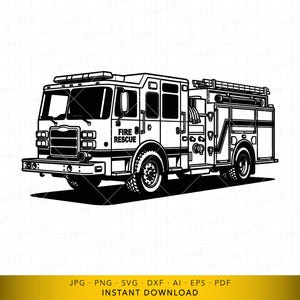 May include: Black and white illustration of a fire rescue truck. The truck features a ladder on top, emergency lights, and the words "FIRE RESCUE" on the side. The image is a vector graphic, suitable for various applications.