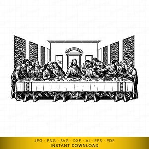Puede incluir: Ilustración en blanco y negro de la Última Cena, que representa a Jesús y sus discípulos sentados a una larga mesa. La escena está ambientada en una habitación con paneles decorativos y un arco central. La mesa está puesta con platos y copas.