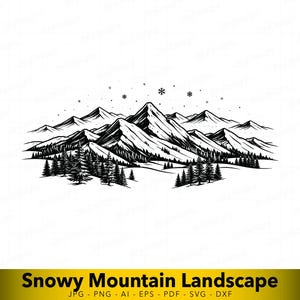 May include: Black and white illustration of a snowy mountain landscape. The design features several mountain peaks, evergreen trees, and snowflakes. The text "Snowy Mountain Landscape" is at the bottom.