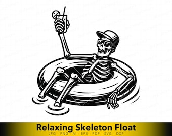 SVG de esqueleto relaxando flutuando, vetor divertido de caveira para o verão, arte linear de desenho animado gótico.