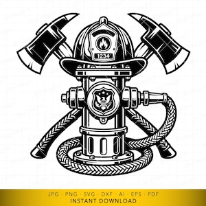May include: Black and white illustration of a firefighter's helmet, axes, and a fire hydrant. The helmet has the number 1234 on it. The fire hydrant has a shield with an eagle on it. A coiled hose is at the bottom.