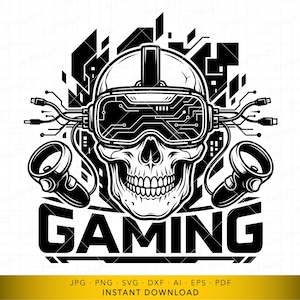 May include: A black and white graphic illustration featuring a human skull wearing a virtual reality headset with circuit board patterns. Two handheld controllers are positioned on either side, with cables extending outward. The word GAMING is printed below.
