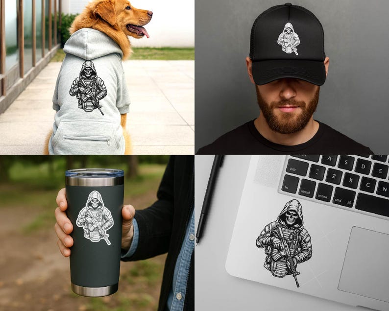 Puede incluir: Una colecci&oacute;n de art&iacute;culos con una ilustraci&oacute;n en blanco y negro de una figura encapuchada con una cara de calavera sosteniendo un rifle. Los art&iacute;culos incluyen una sudadera con capucha gris para perros, una gorra de camionero negra, un vaso negro y una pegatina para port&aacute;til.