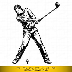 May include: A black and white graphic illustration of a golfer in a polo shirt and trousers swinging a golf club. A golf ball sits on a tee on the ground near the golfer's feet. The text at the bottom reads JPG, PNG, SVG, DXF, AI, EPS, PDF, INSTANT DOWNLOAD.