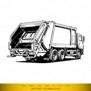 Pode incluir: Ilustração a preto e branco de um camião de lixo, visto por trás. O camião apresenta um grande contentor, várias rodas e componentes mecânicos detalhados. Gráfico vetorial para design digital e impressão.