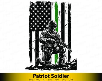 Soldado ajoelhado em SVG, vetor de homenagem militar patriótica com bandeira americana para Cricut e gravação a laser.