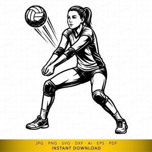 Könnte beinhalten: Eine schwarz-weiße grafische Illustration eines Volleyballspielers in Bereitschaftshaltung, die Arme ausgestreckt, um einen Volleyball zu baggern. Die Person trägt Trikot, Shorts, Knieschoner und Sportschuhe. Unten steht der Text JPG PNG SVG DXF AI EPS PDF.