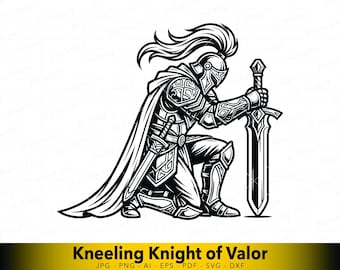Kneeling Knight SVG with Sword, Honor and Reflection Medieval Warrior Vector for Laser Cut, CNC Plasma, Dark Fantasy Line Art