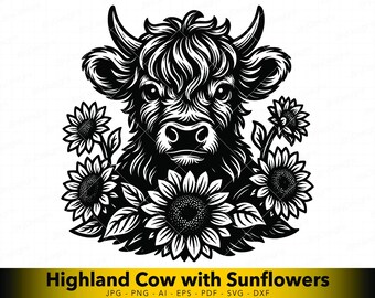 Mucca delle Highlands con girasoli SVG · Design della testa di mucca da fattoria · File tagliato al laser per Glowforge · Clipart di mucca occidentale per Cricut