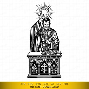 May include: Black and white illustration of a priest holding a communion wafer with a sunburst design above his head. He is standing behind a decorated altar with a chalice and an open book. The image includes the text "INSTANT DOWNLOAD".