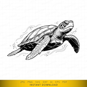 Puede incluir: Ilustración en blanco y negro de una tortuga marina nadando. La tortuga está detallada con escamas y aletas visibles, con burbujas y líneas de agua alrededor. Descarga digital.