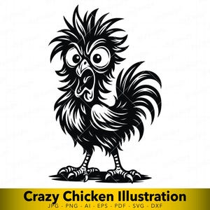 Puede incluir: Ilustración en blanco y negro de un pollo de dibujos animados con expresión de sorpresa. El pollo tiene ojos grandes, pico abierto y plumas puntiagudas. El texto "Crazy Chicken Illustration" está en la parte inferior.