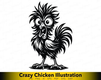 Funny Crazy Chicken Svg, Cartoon Rooster Clipart for Cricut, Farmhouse Humor Svg, Farm Animal T-Shirt Design