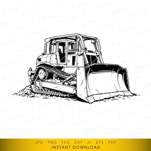 Könnte beinhalten: Schwarz-Weiß-Illustration eines Bulldozers. Das schwere Baugerät ist mit einer großen Schaufel, Ketten und einer Schutzkabine dargestellt. Der Bulldozer schiebt einen Erdhaufen vor sich her.