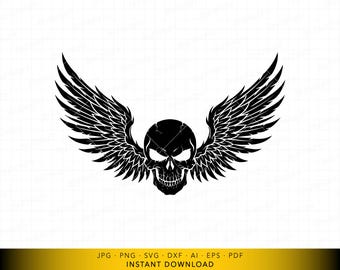 Skull with Spread Wings SVG, Gothic Biker Emblem Cut File, Bold Symmetrical Metal Style Design for Cricut and Laser Engraving