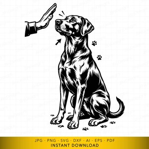 Dog Training SVG, Obedient Sitting Dog with Hand Command, Pet Trainer Digital Cut File for Cricut and Laser Engraving