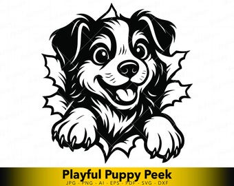 SVG de cachorrinho espiando, vetor de cachorro fofo através da parede para Cricut, desenho de cachorrinho em estilo cartoon para adesivos e decalques.