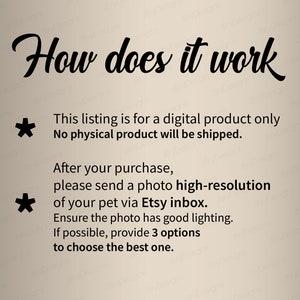 May include: Text explaining how to order a custom pet portrait.  After purchasing, send a high-resolution photo of your pet via Etsy inbox. Ensure the photo has good lighting and if possible, provide 3 options to choose the best one.
