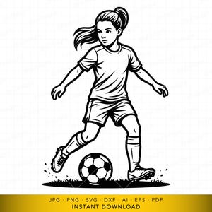 May include: Black and white illustration of a young soccer player kicking a soccer ball. The player is wearing a jersey, shorts, socks, and cleats. The image is a digital download, with file formats including JPG, PNG, SVG, DXF, AI, EPS, and PDF.