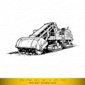 Op de afbeelding: Zwart-wit illustratie van een wegfrezer. De machine heeft een grote freesdrum aan de voorkant, een transportband en een cabine. Ideaal voor bouwprojecten.