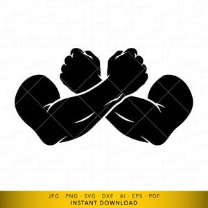 May include: A black and white graphic illustration of two muscular arms crossed at the forearms, with clenched fists. The image is a silhouette, emphasizing the strength and power conveyed by the crossed arms.