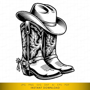 May include: Black and white illustration of a cowboy hat and boots. The hat sits atop the boots, which feature decorative floral patterns and spurs. The image is a digital download.